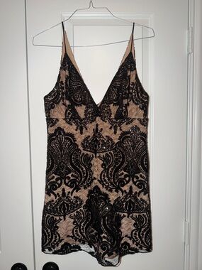 Free People Black Sequin Lace Overlay Slip Dress on Nude Lining